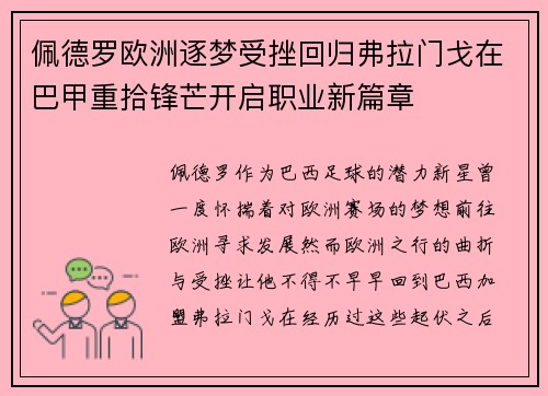 佩德罗欧洲逐梦受挫回归弗拉门戈在巴甲重拾锋芒开启职业新篇章 佩德罗欧洲逐梦受挫回归弗拉门戈在巴甲重拾锋芒开启职业新篇章
